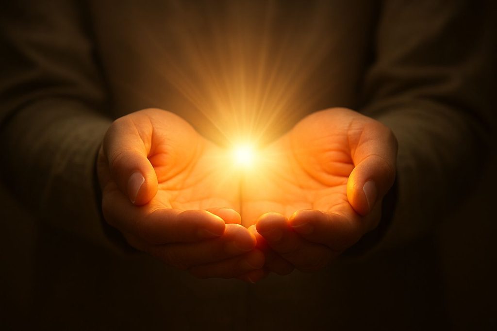 Open hands holding light, symbolizing release and healing through forgiveness