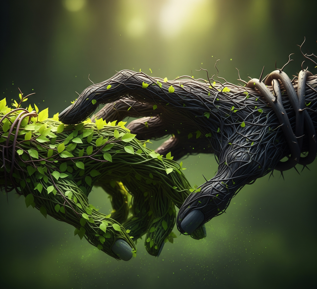 Two intertwined hands made of tangled vines, with one vine being a slightly different, darker color than the other, symbolizing imbalance and subtle toxicity.