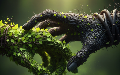 Two intertwined hands made of tangled vines, with one vine being a slightly different, darker color than the other, symbolizing imbalance and subtle toxicity.
